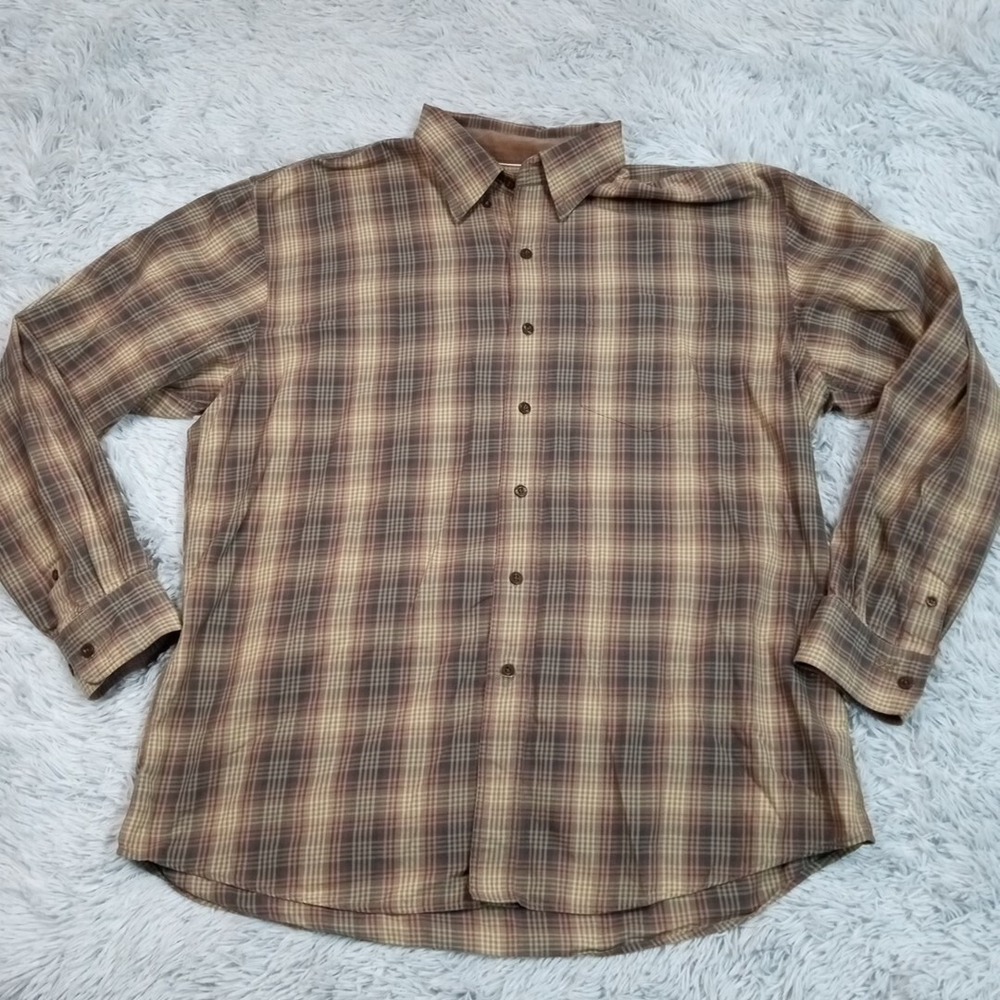 Cutter & Buck Mens Shirt Button Up Brown XL Plaid Long Sleeve Pocket Collar